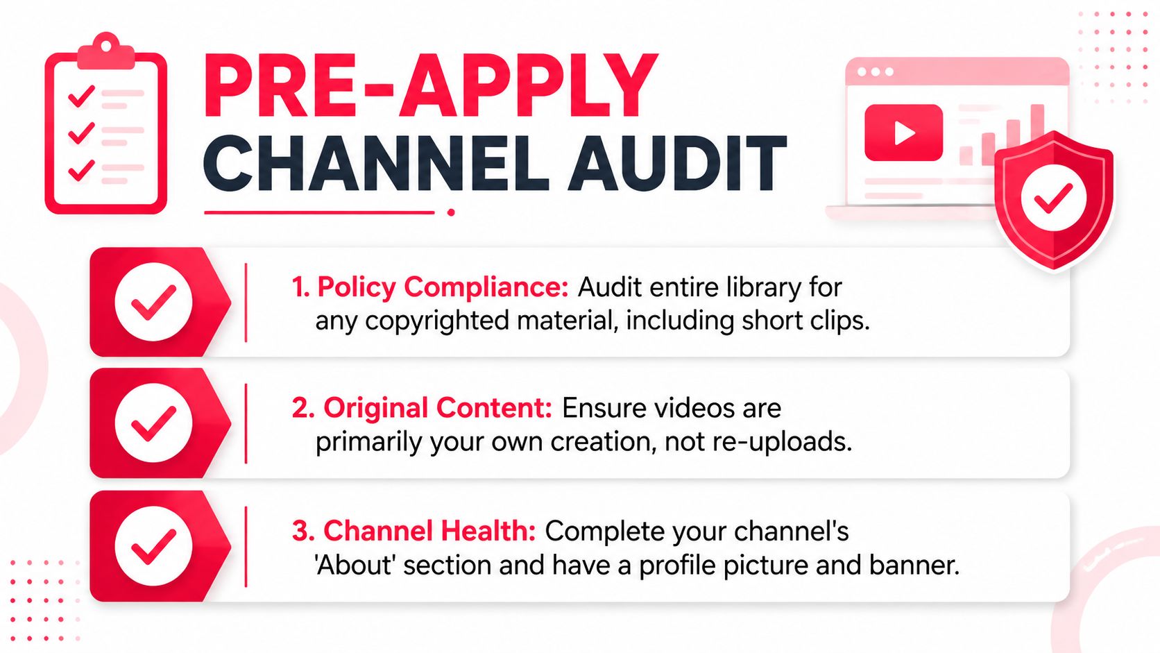 A checklist for YouTube channel audit, covering policy compliance, original content requirements, and essential channel branding elements.