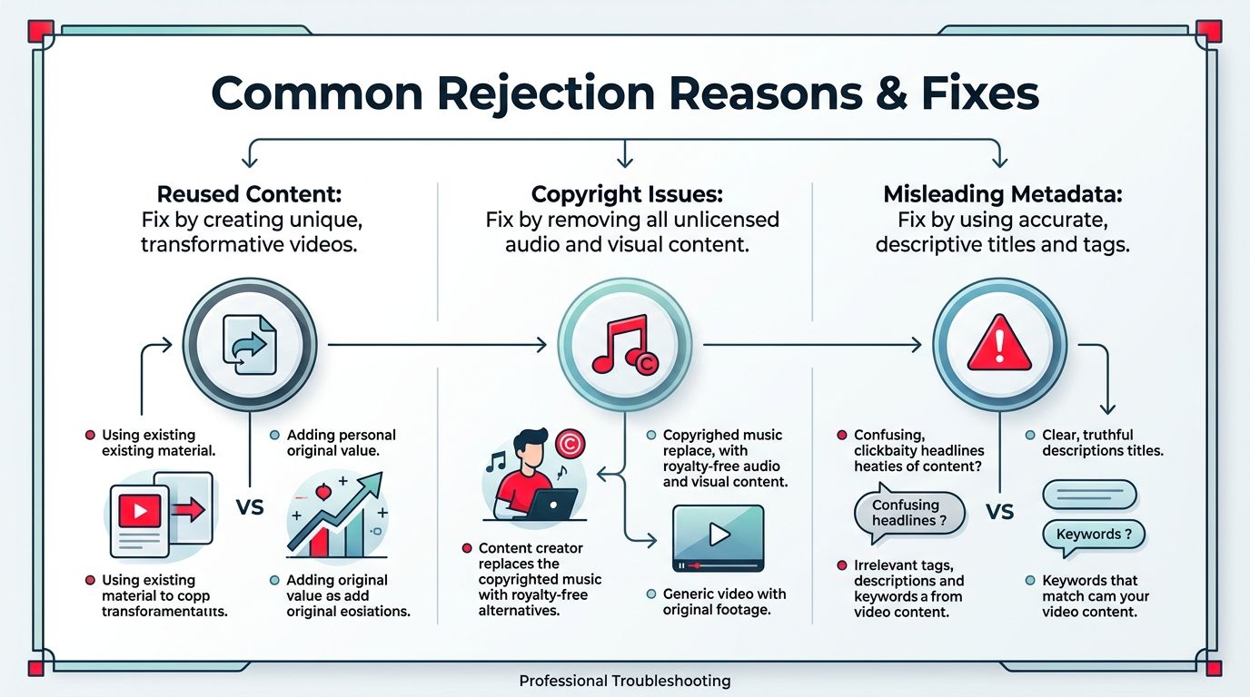 A diagram illustrating common reasons for YouTube partner program rejection and how to fix them effectively.