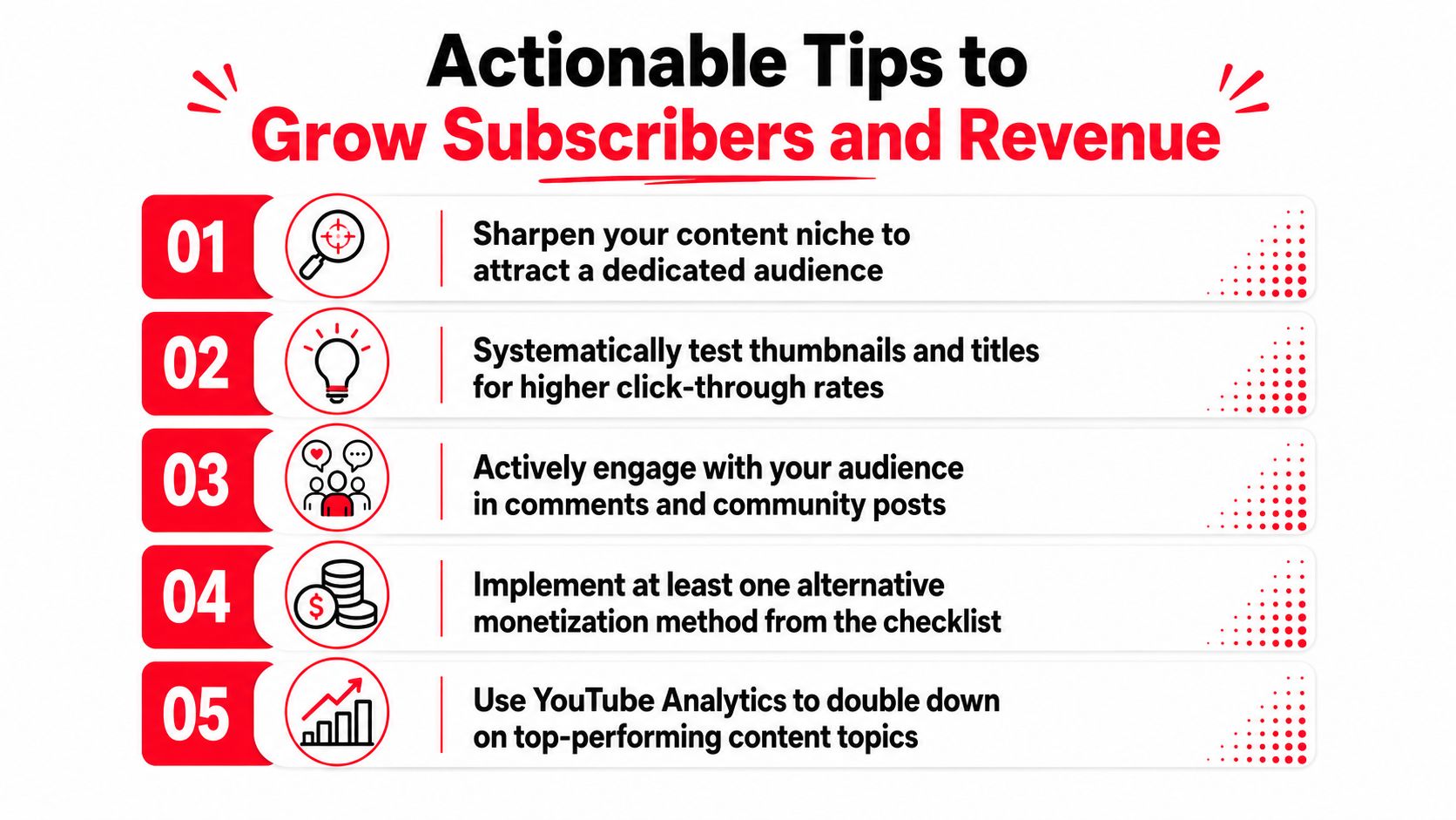 An infographic listing five actionable tips for growing YouTube channel subscribers and increasing overall creator revenue.