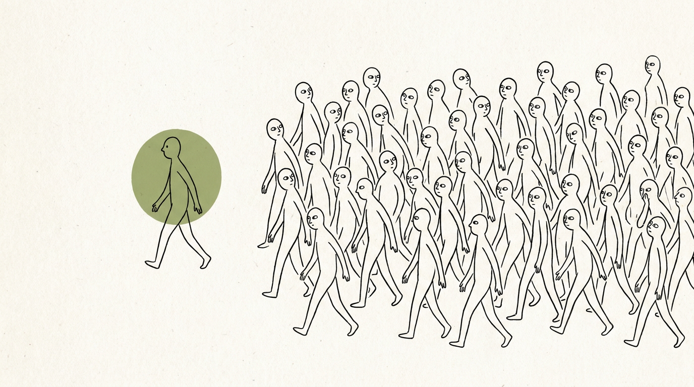 Illustration of one figure walking against a crowd while everyone turns to look