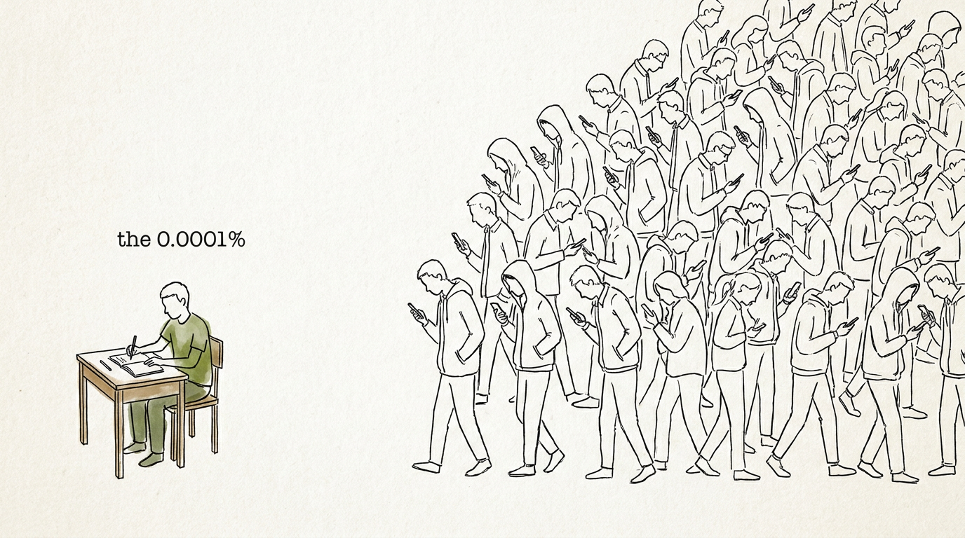 Illustration of a crowd scrolling on phones while one figure sits apart taking notes