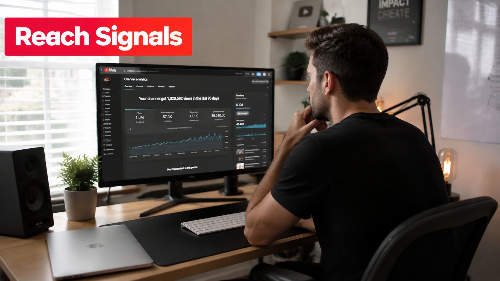 A man sitting at his desk working on a computer showing YouTube channel analytics and statistics.