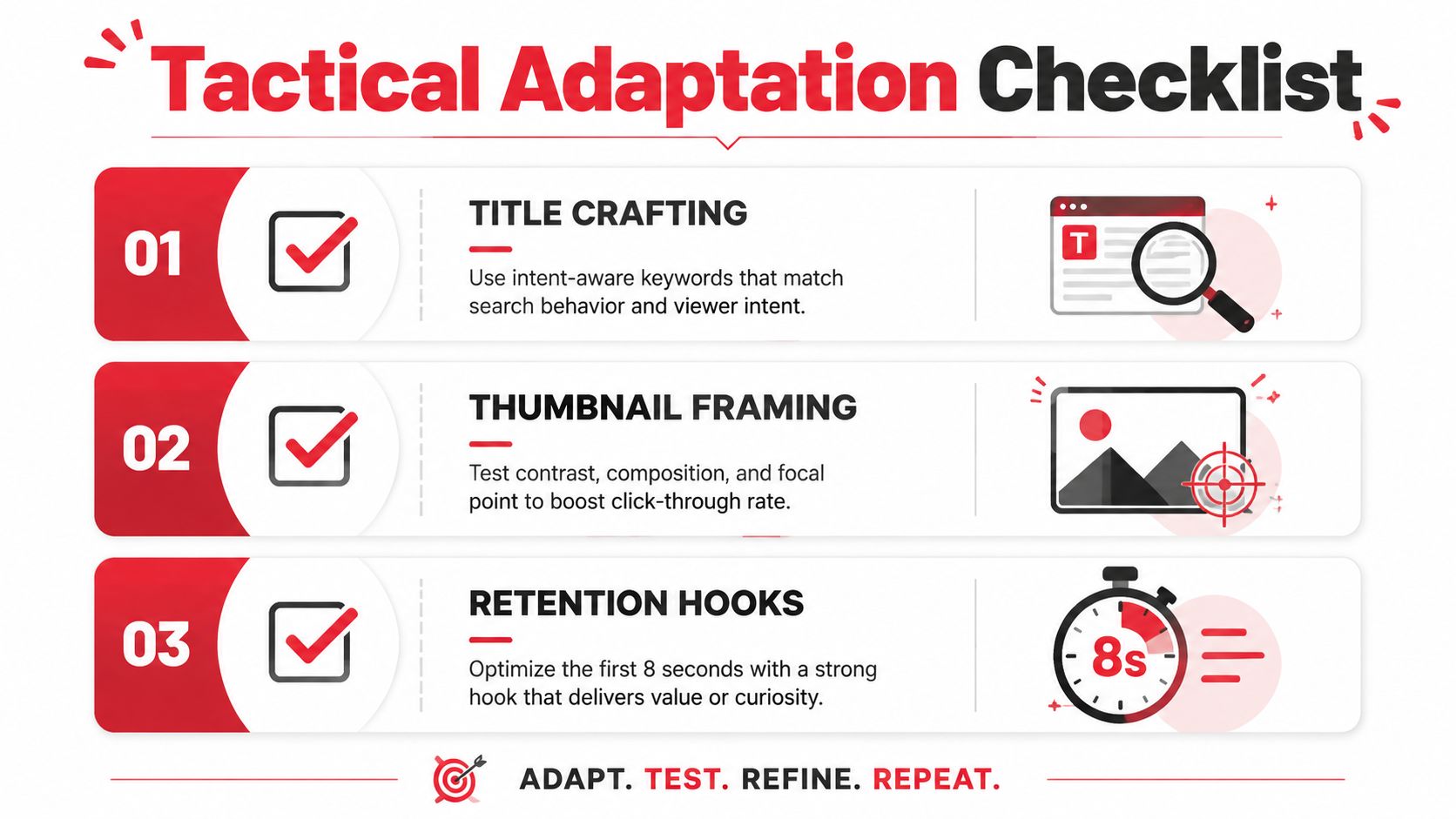 A checklist showing three tactical steps for optimizing YouTube content, including title crafting, thumbnail framing, and retention hooks.
