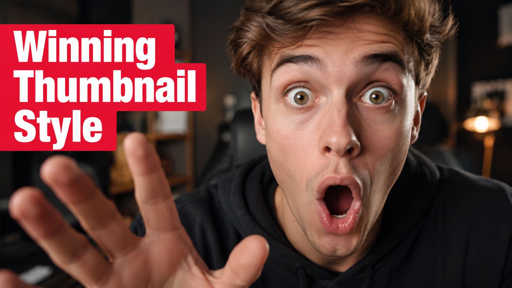 A man with a shocked expression reaching his hand toward the camera next to red bold text.