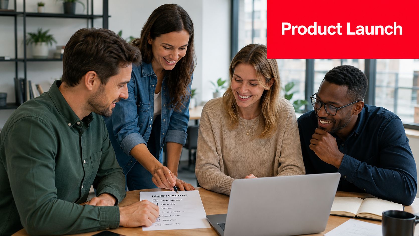 A diverse team of four colleagues collaborating on a product launch checklist in a modern office.