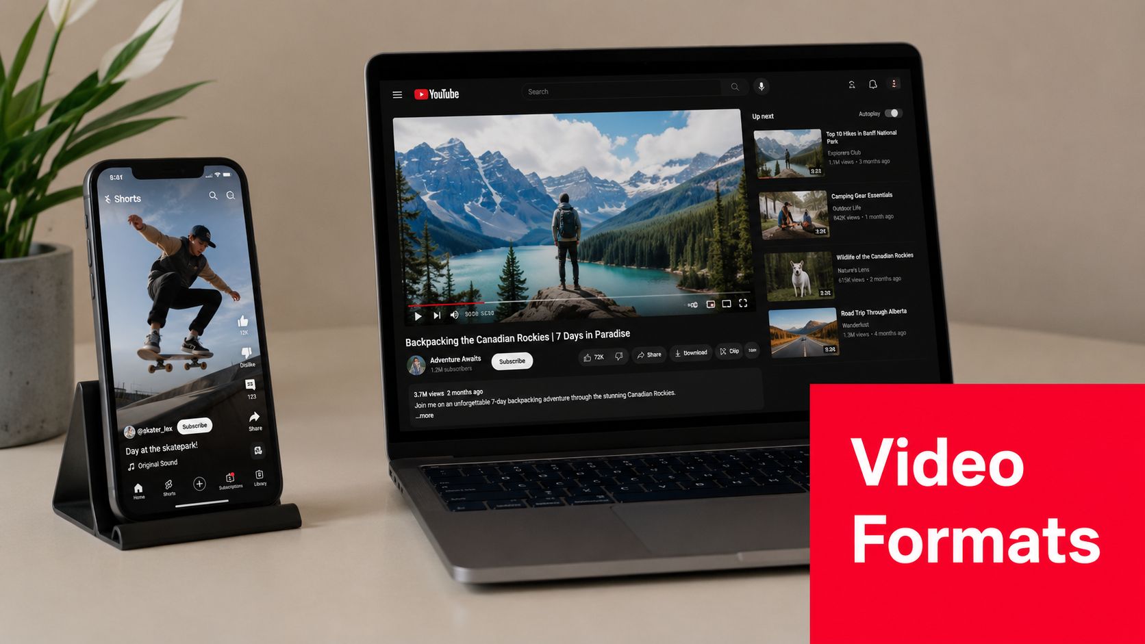 A smartphone showing a YouTube Short next to a laptop displaying a long-form YouTube video online.