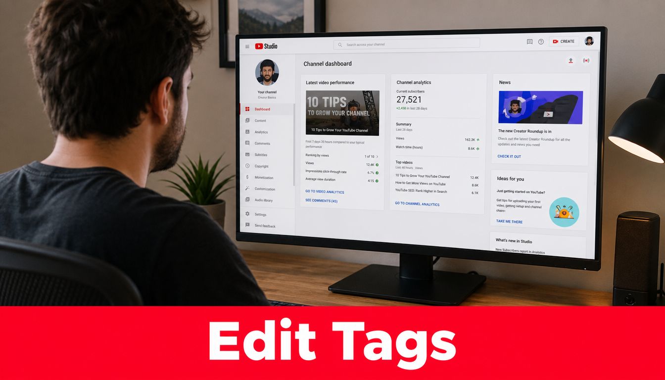A creator reviewing their YouTube Studio channel dashboard analytics on a large computer monitor in their office.