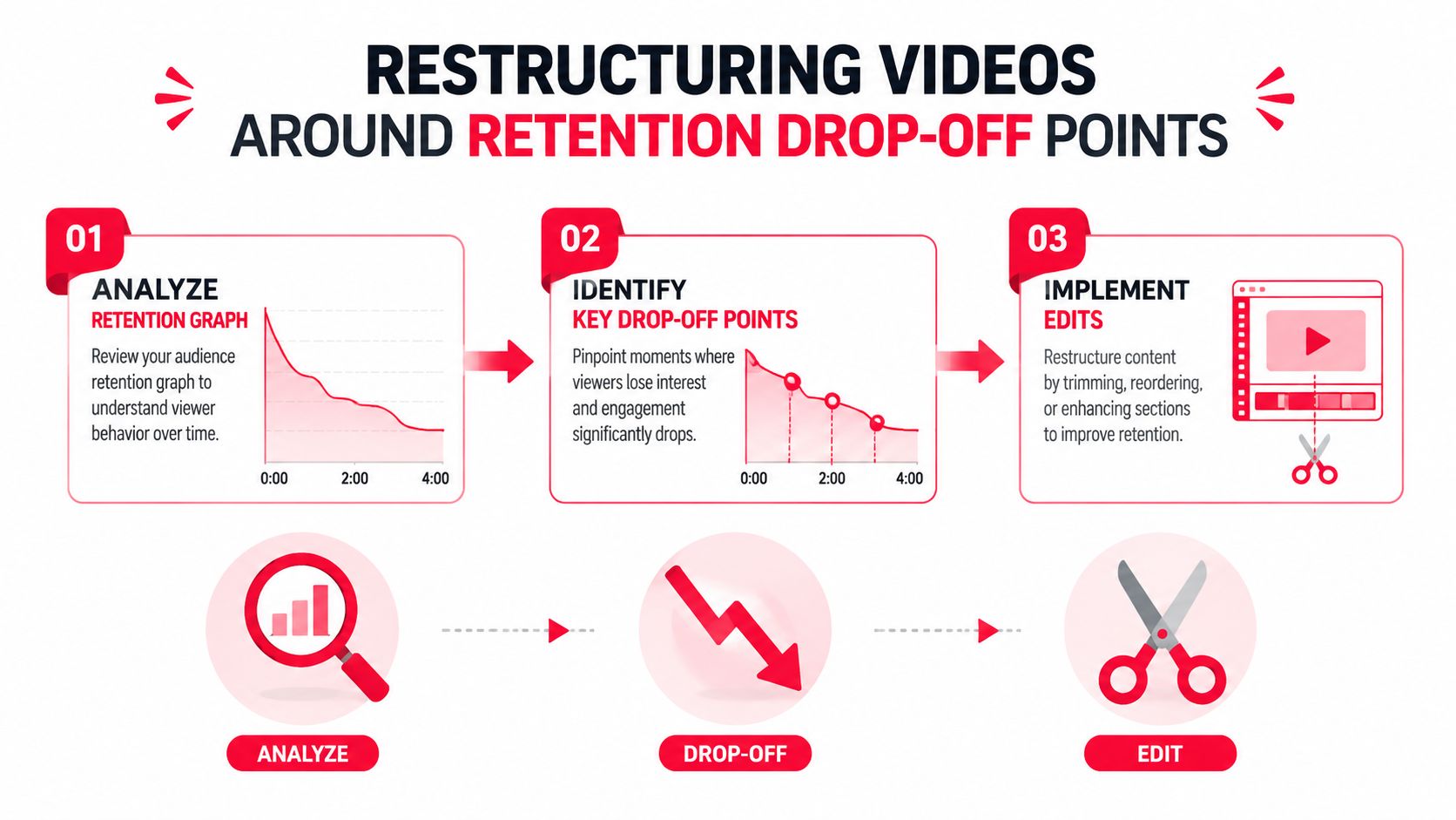 An infographic showing a three-step process for restructuring videos to improve audience retention and viewer engagement.