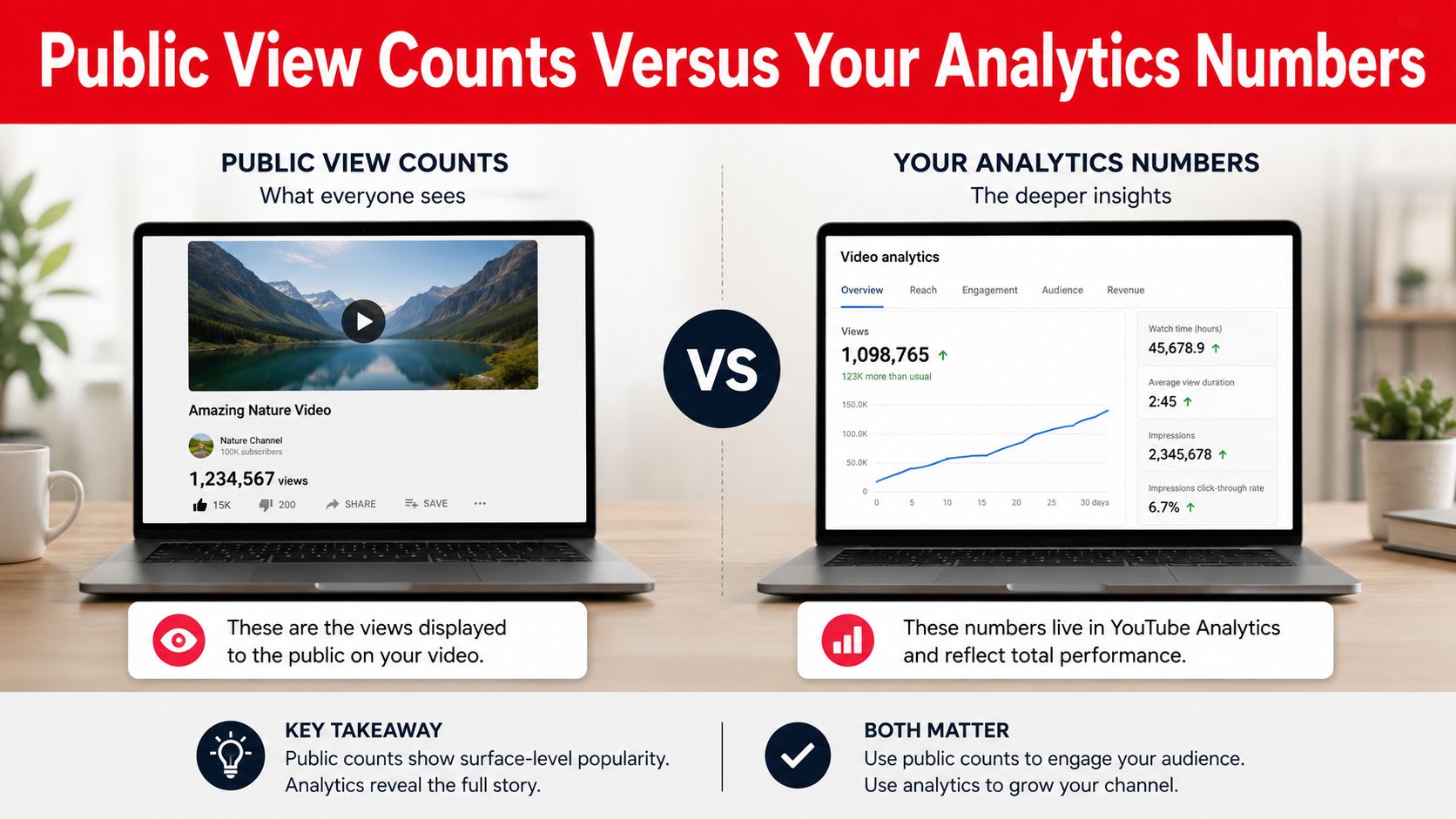 A comparison infographic between public YouTube video view counts and detailed YouTube studio analytics performance metrics.