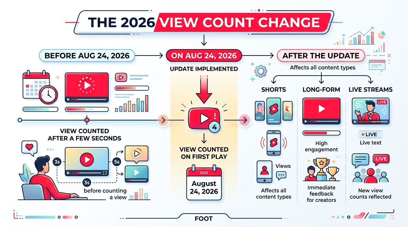 An infographic showing the 2026 YouTube update where views are counted immediately upon first play instead of after a delay.
