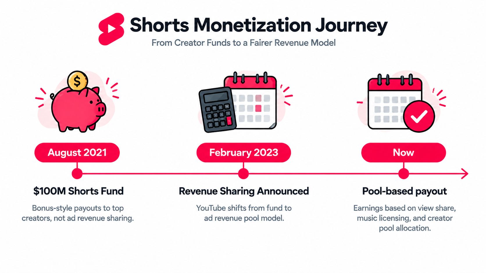 A timeline graphic showing the evolution of YouTube Shorts monetization from a creator fund to pool-based payouts.