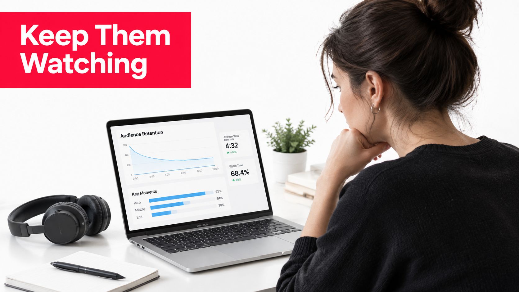 A woman looks at a laptop screen displaying audience retention analytics and metrics for a video project.