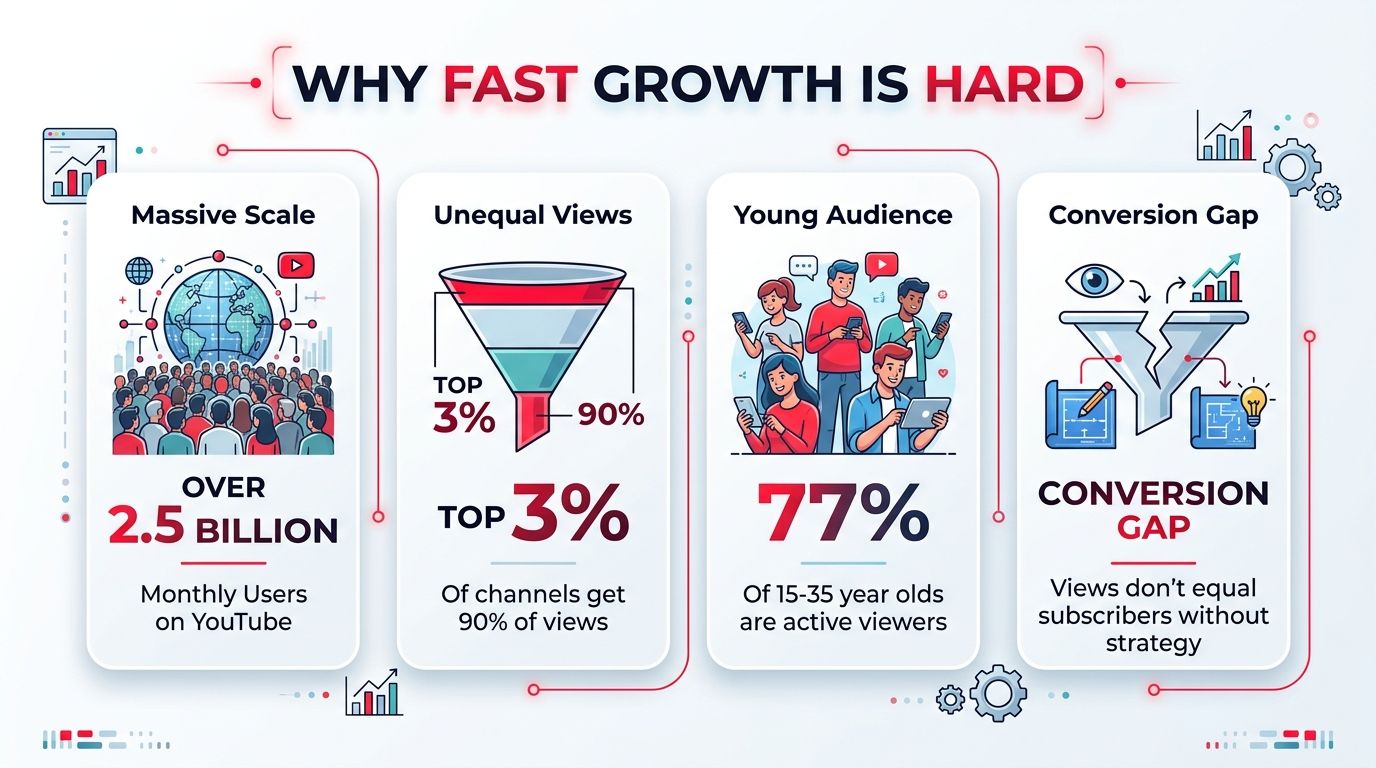 An infographic titled Why Fast Growth Is Hard, illustrating YouTube's scale, viewer distribution, demographics, and conversion challenges.