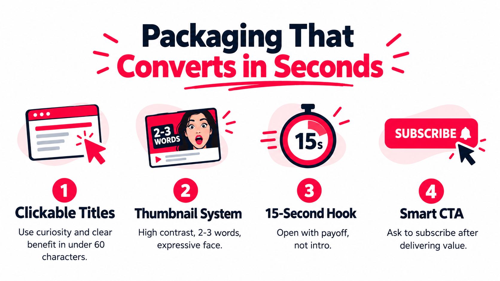 An infographic showing four key steps to increase YouTube video conversions and subscriber growth effectively.