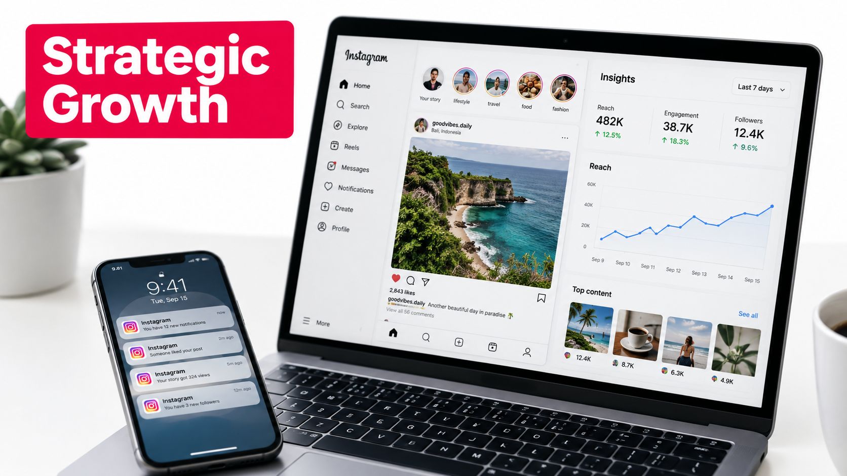 A laptop and smartphone displaying Instagram analytics and notifications on a clean desk workspace.