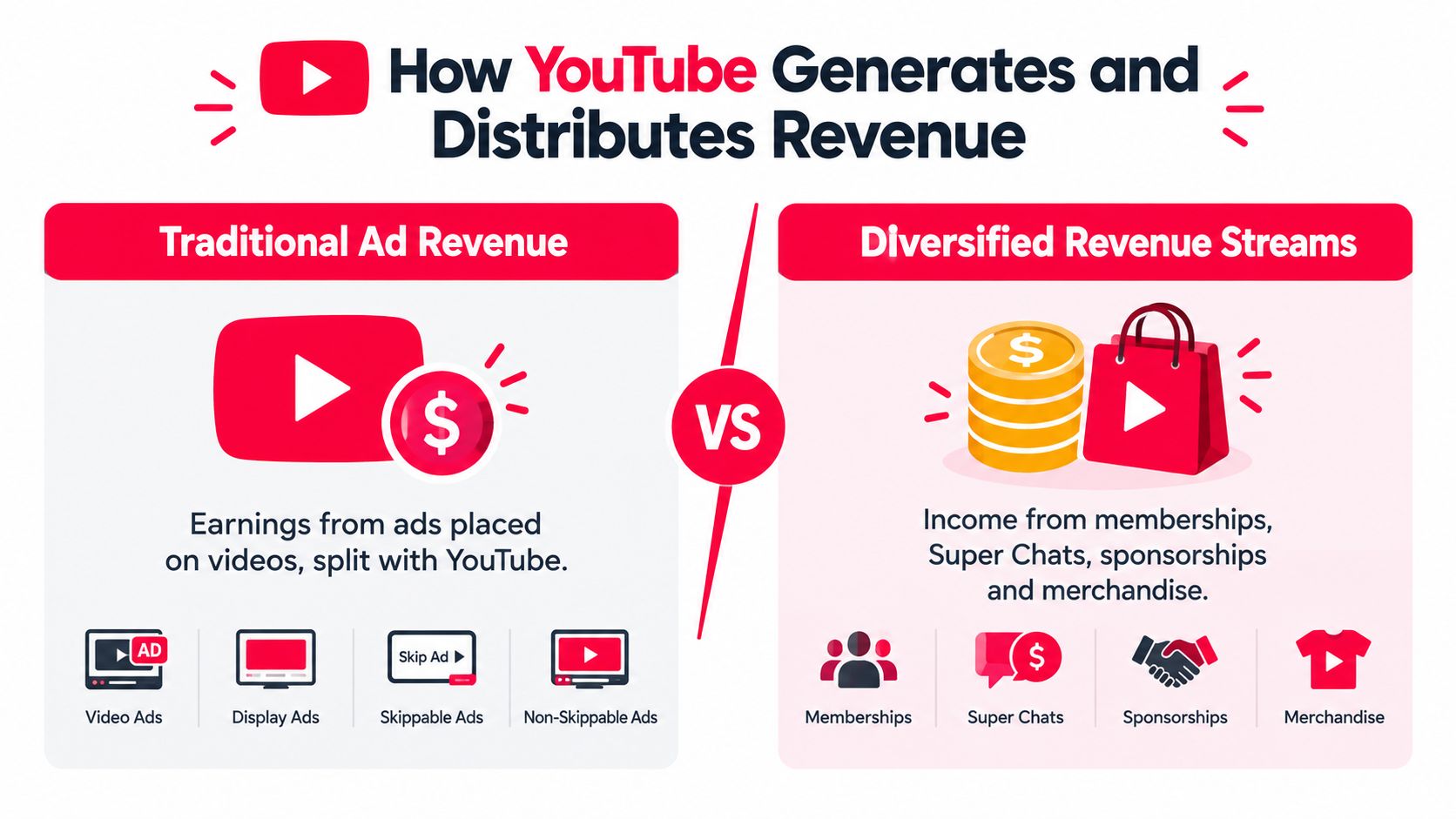 An infographic showing how YouTube generates revenue through traditional advertisements and other diversified income streams for creators.