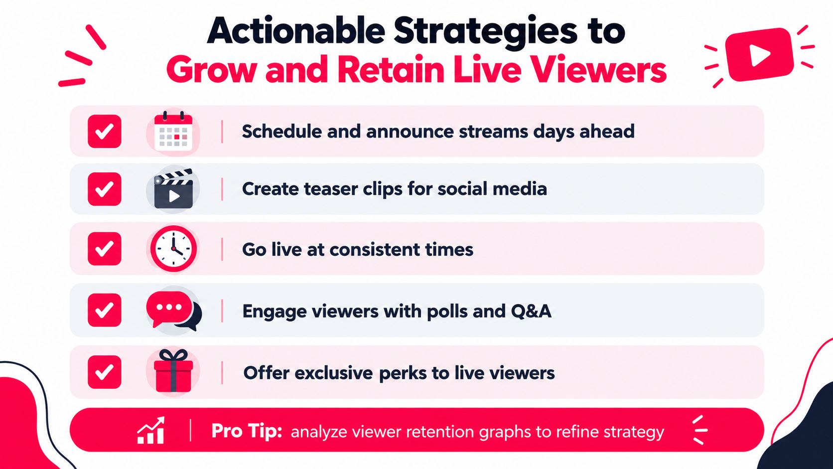 A list of actionable strategies for content creators to effectively grow and retain live stream viewers.