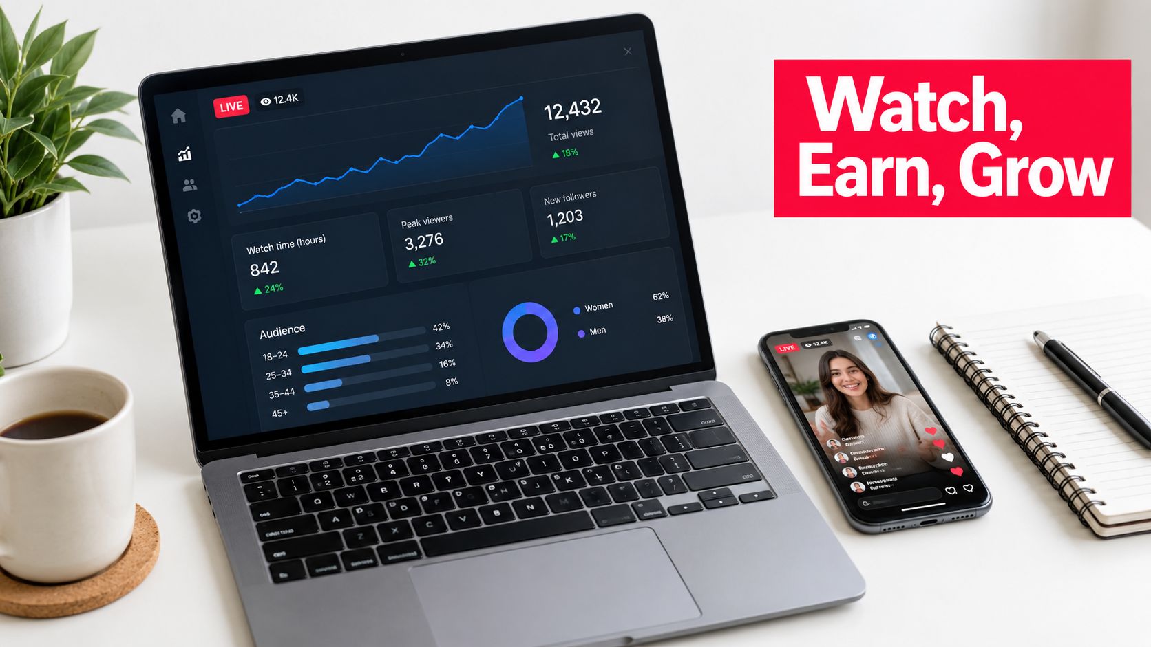A modern laptop displaying a live streaming analytics dashboard next to a smartphone showing a creator's live video.