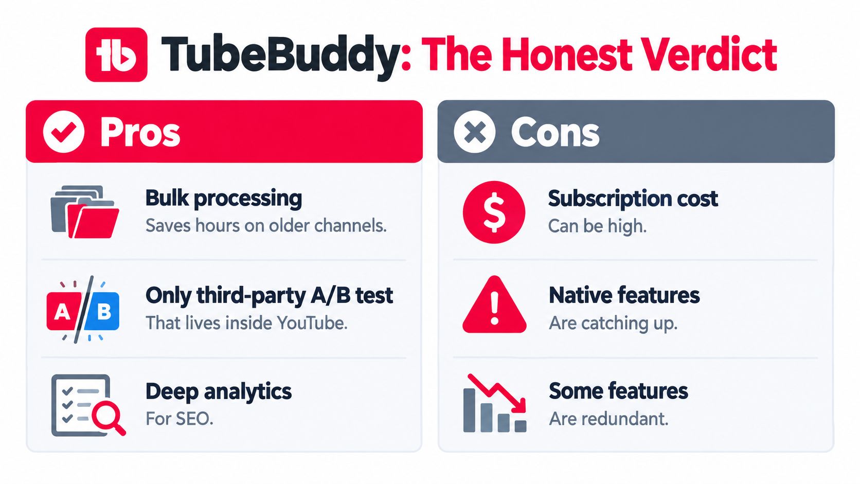 A graphic comparing the pros and cons of using the TubeBuddy tool for YouTube channel management.