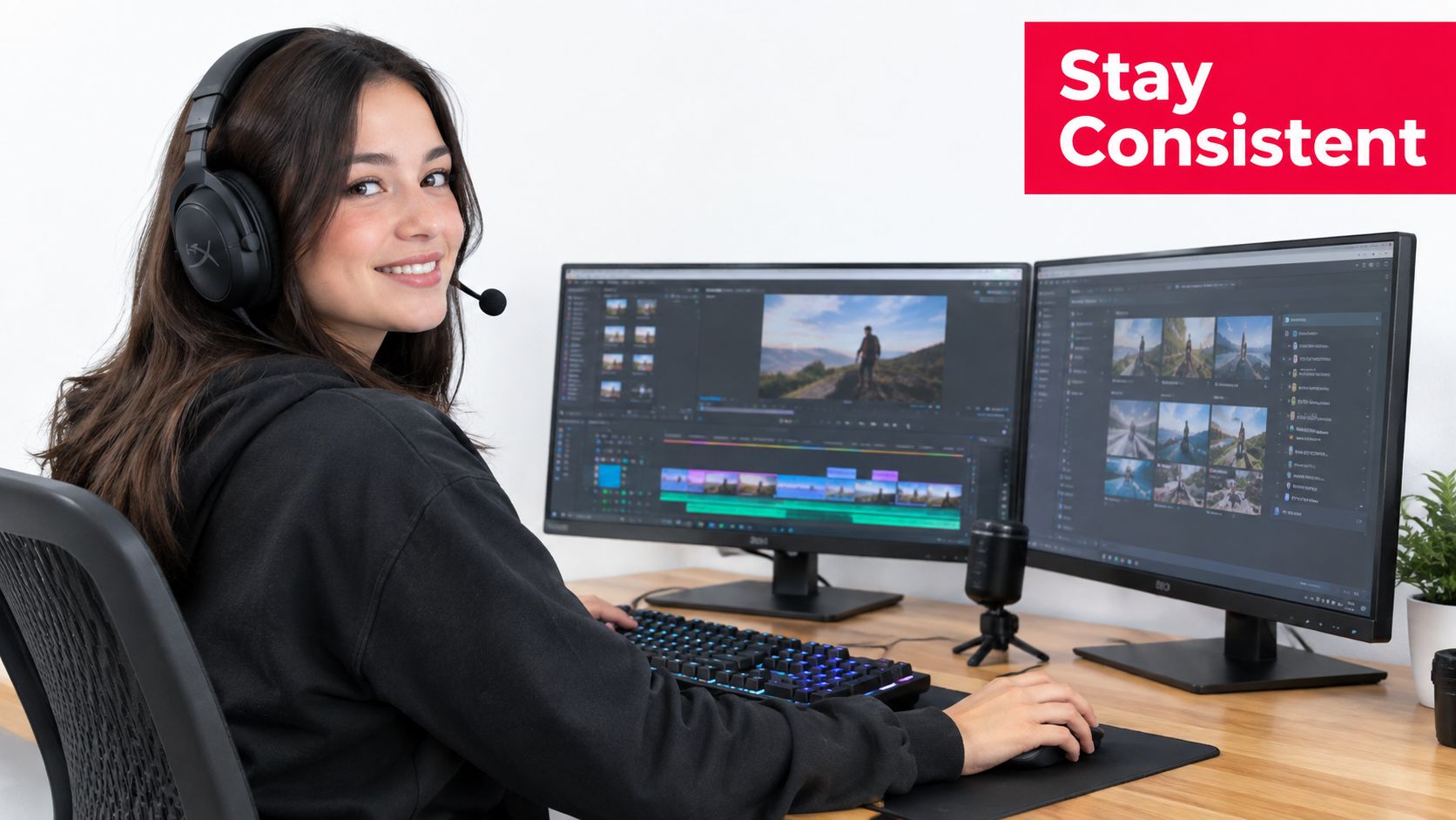 A female video editor wearing a headset works at her desk with dual computer monitors and keyboard.