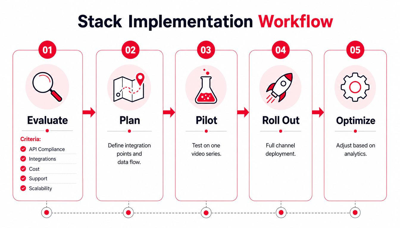 A five-step stack implementation workflow diagram illustrating the process from evaluation and planning to optimization.