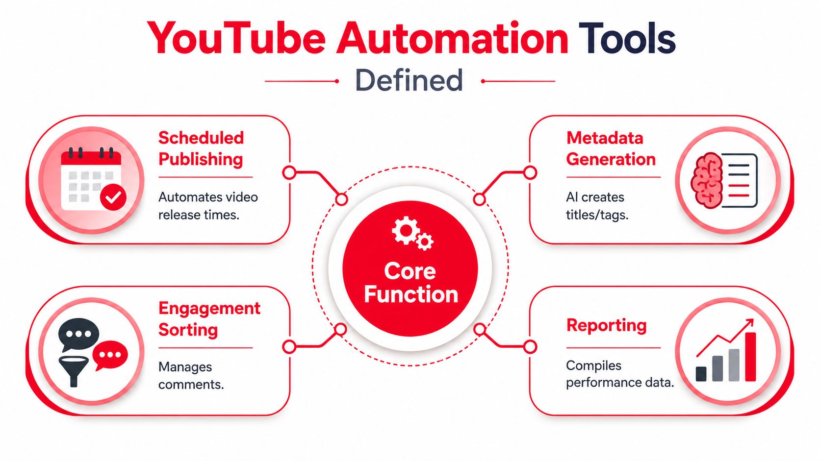 An infographic titled YouTube Automation Tools showing four core functions including publishing, metadata generation, engagement sorting, and reporting.