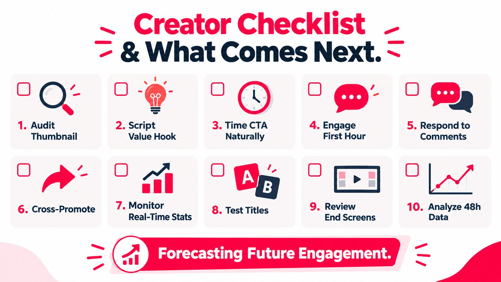 A creator checklist infographic featuring ten numbered steps for optimizing YouTube video performance and future engagement.