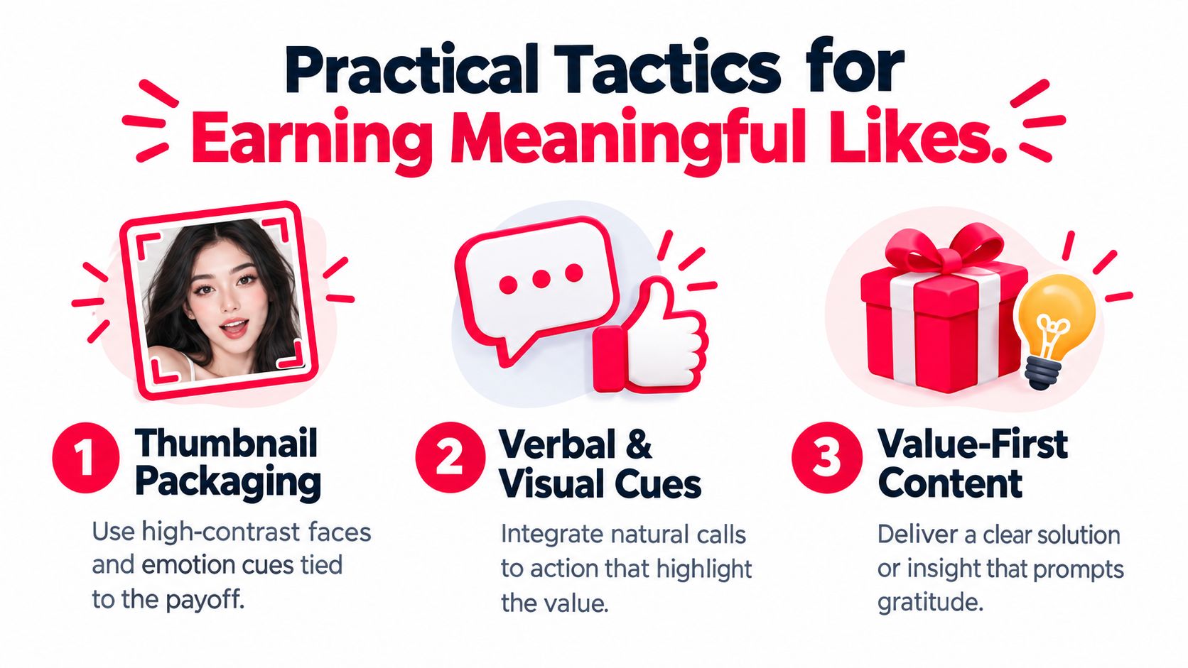 An infographic titled Practical Tactics for Earning Meaningful Likes, illustrating three steps to improve engagement through effective content.
