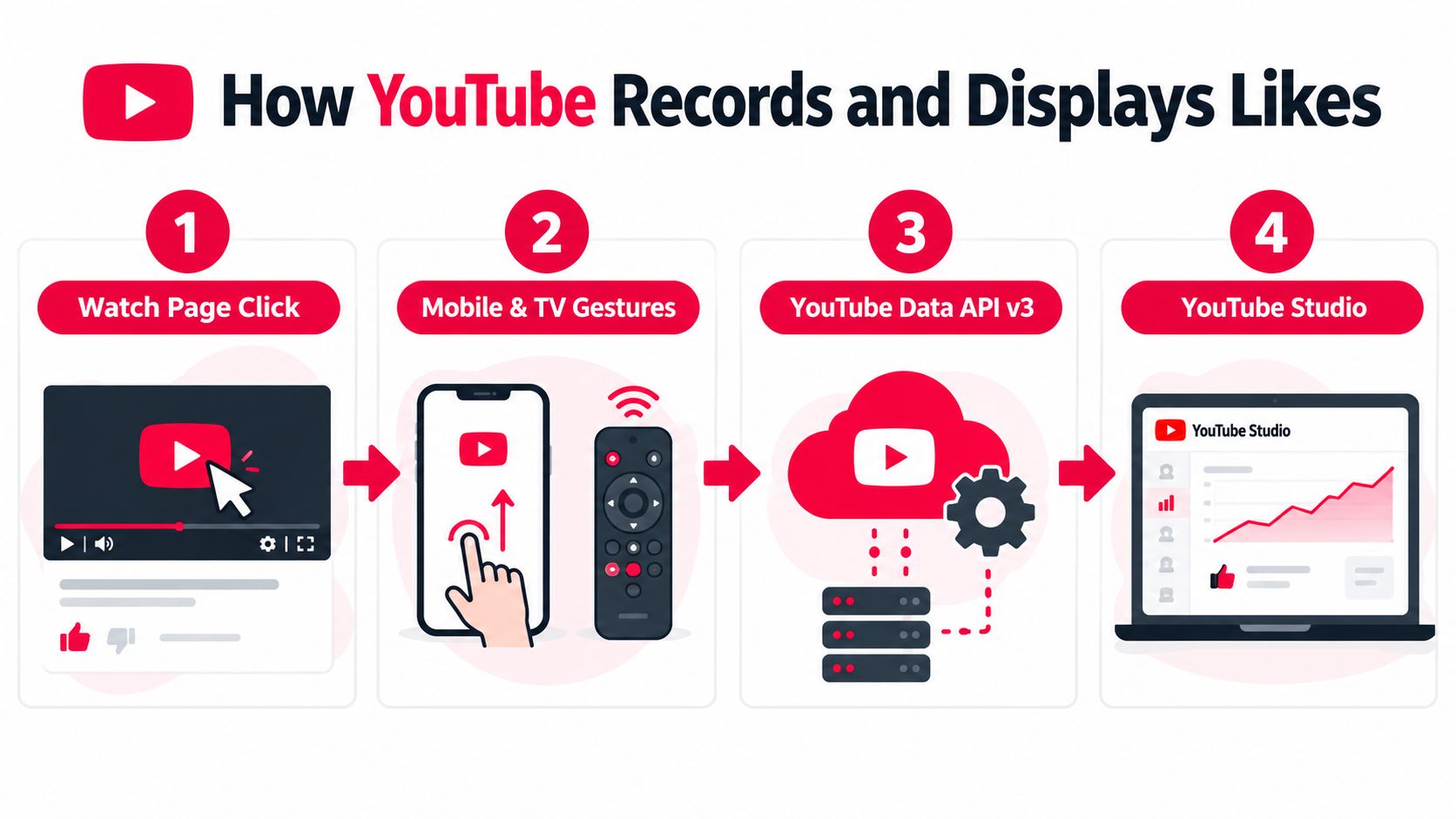 An infographic illustrating the four-step process of how YouTube records and displays video like counts.