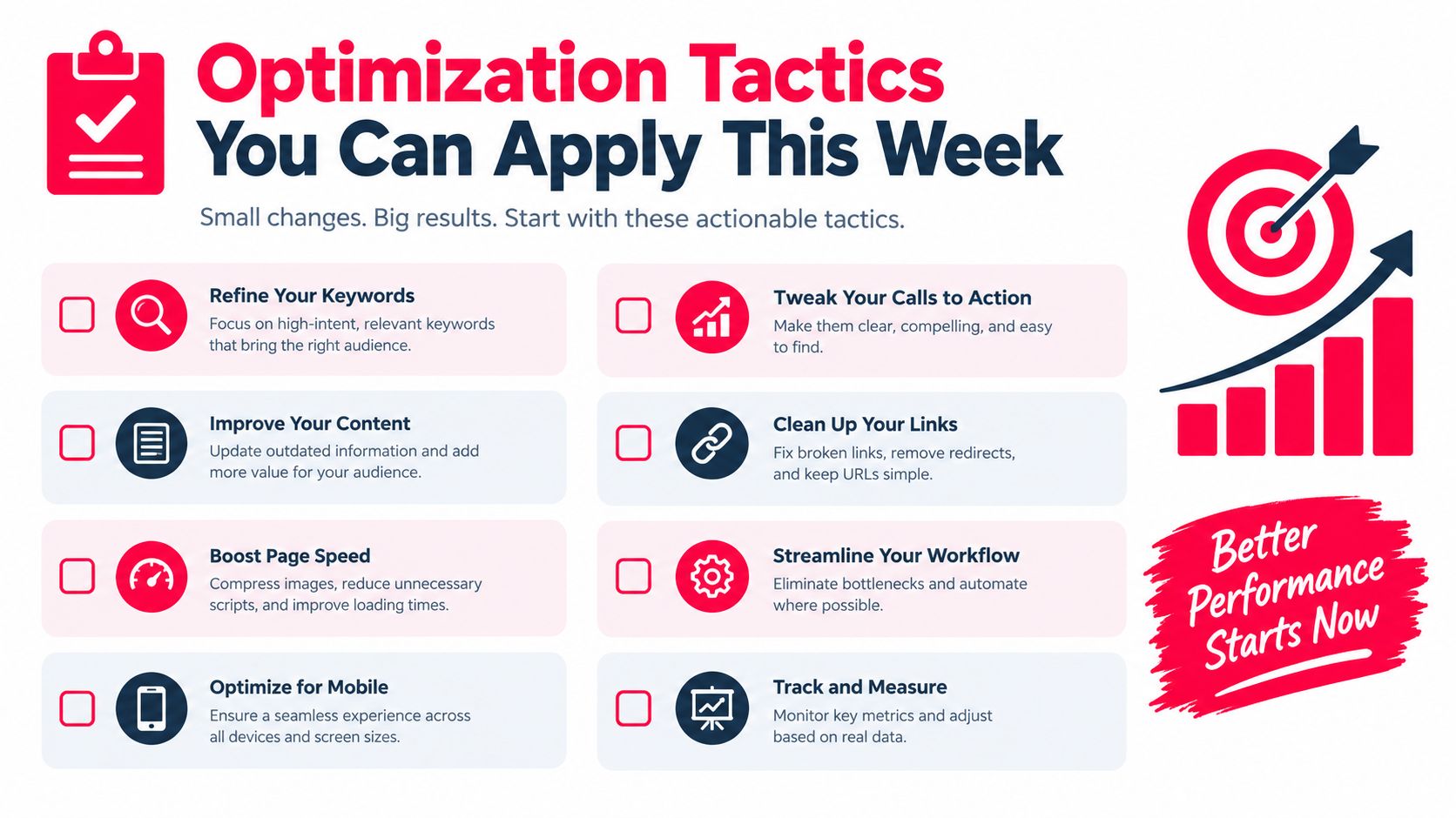 A checklist infographic titled Optimization Tactics You Can Apply This Week featuring eight actionable website improvement strategies.
