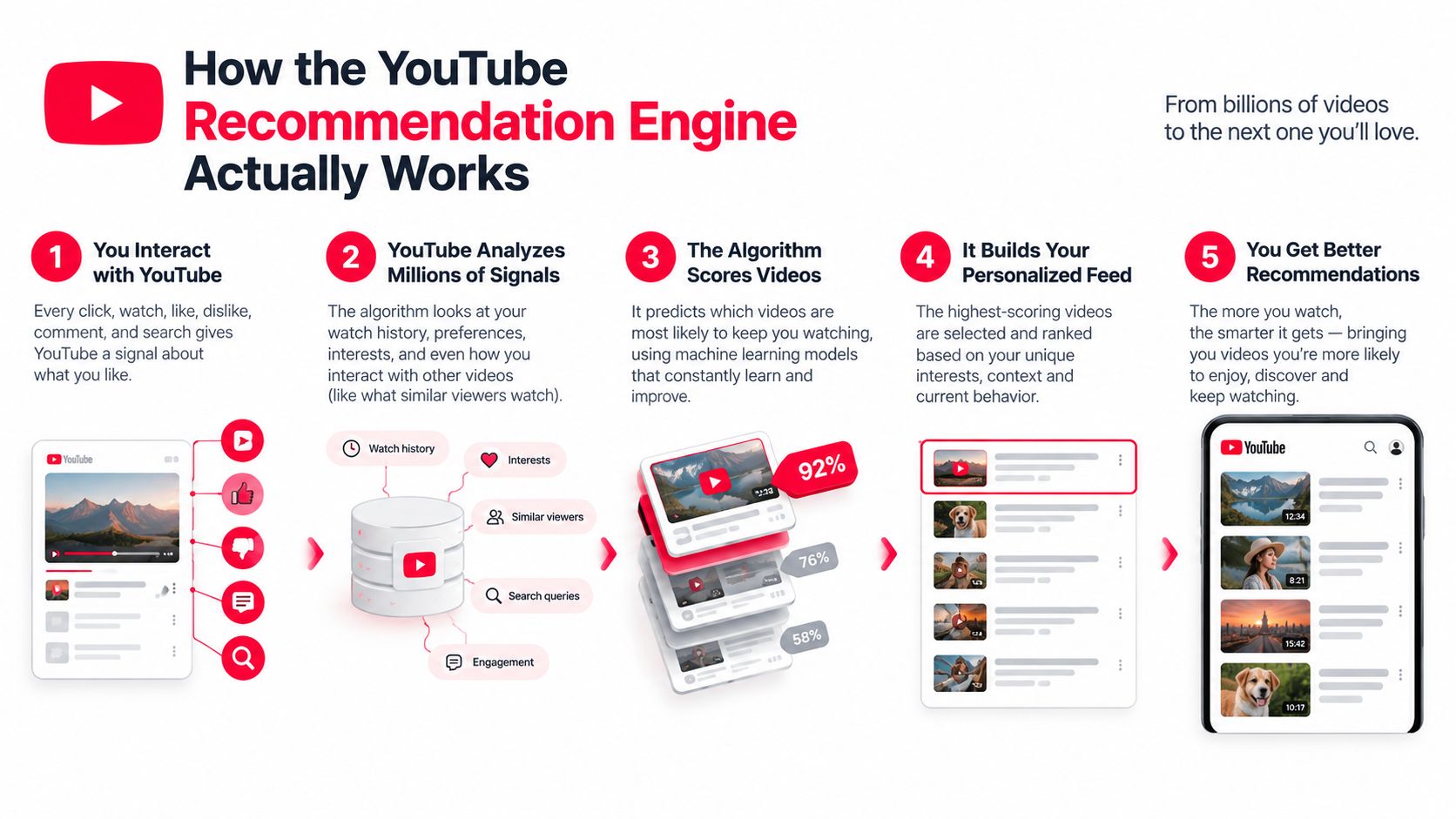 A five-step infographic explaining how the YouTube recommendation engine algorithm analyzes user behavior to suggest personalized videos.